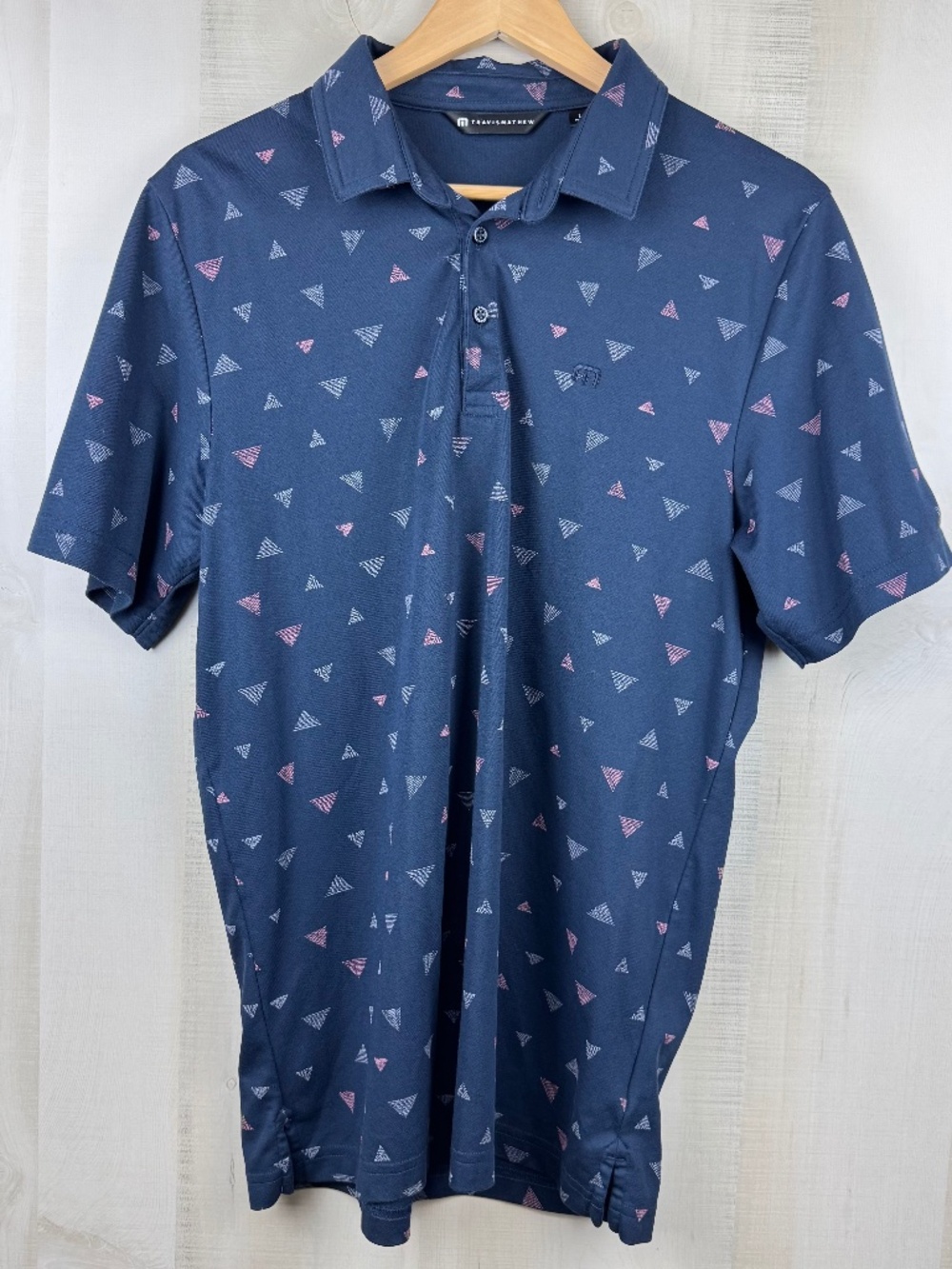 Travis Mathew Men’s Home Break Geo Print Performance Polo Shirt Navy Blue Large
